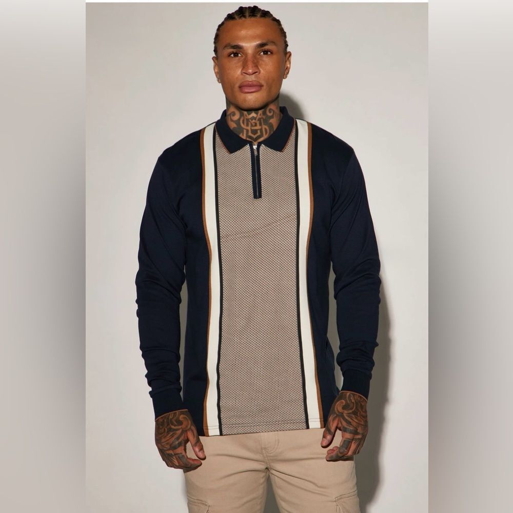 Fashion Nova Flush Long Sleeve Polo with Zip in Navy - Size L